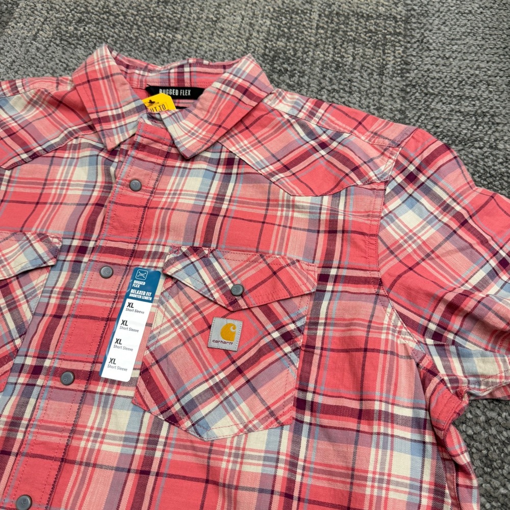 Carhartt Montana Bozeman Shirt Mens XL Pink Plaid Rugged Flex Pearl Snap Western